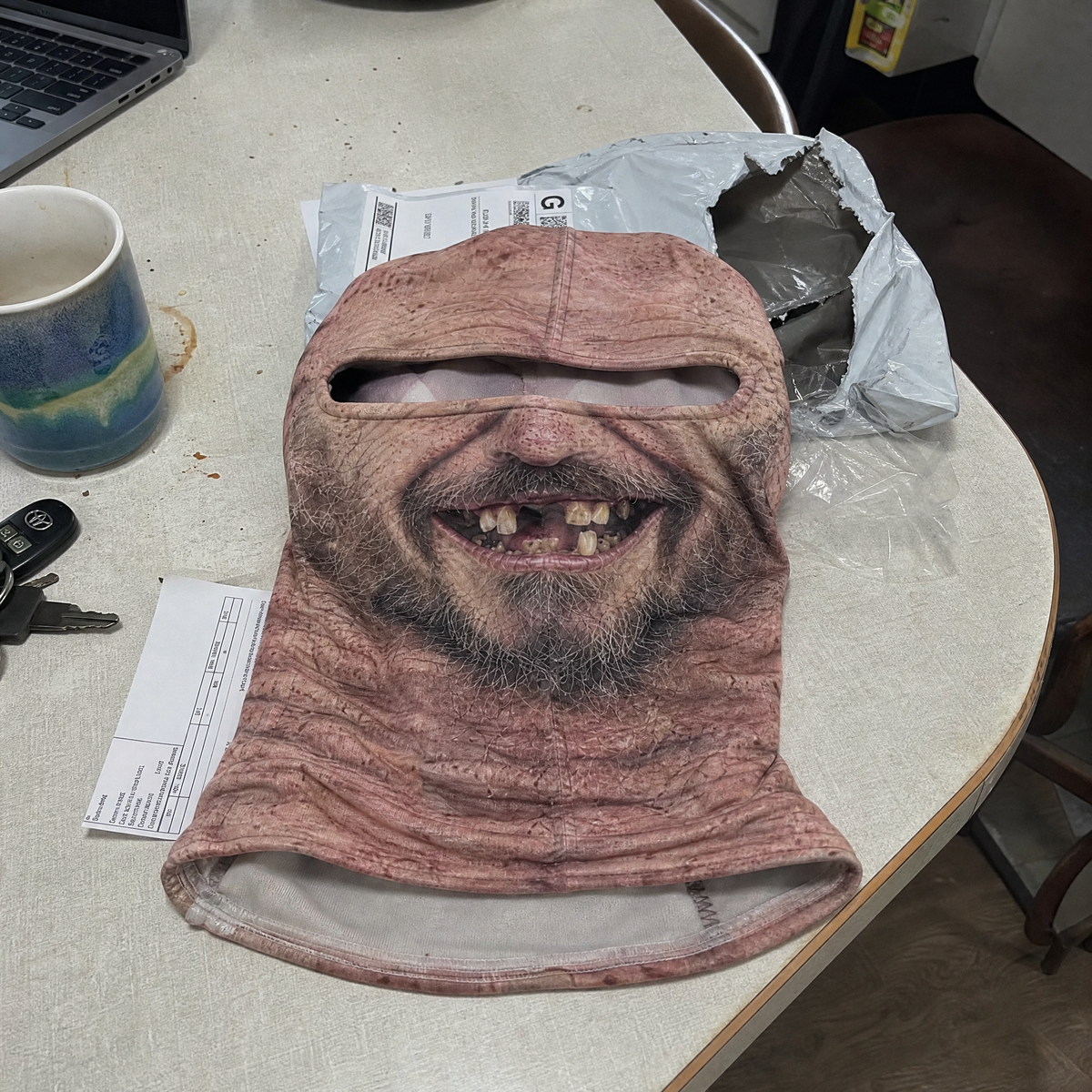 Toothless Tony mask unboxed on the table