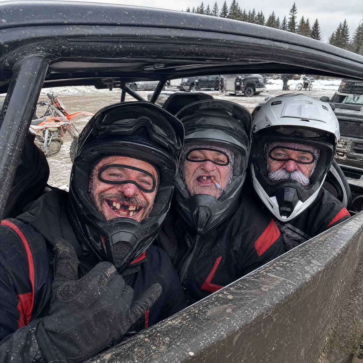 Off-road crew in UTV wearing Frosty Face masks and MX helmets