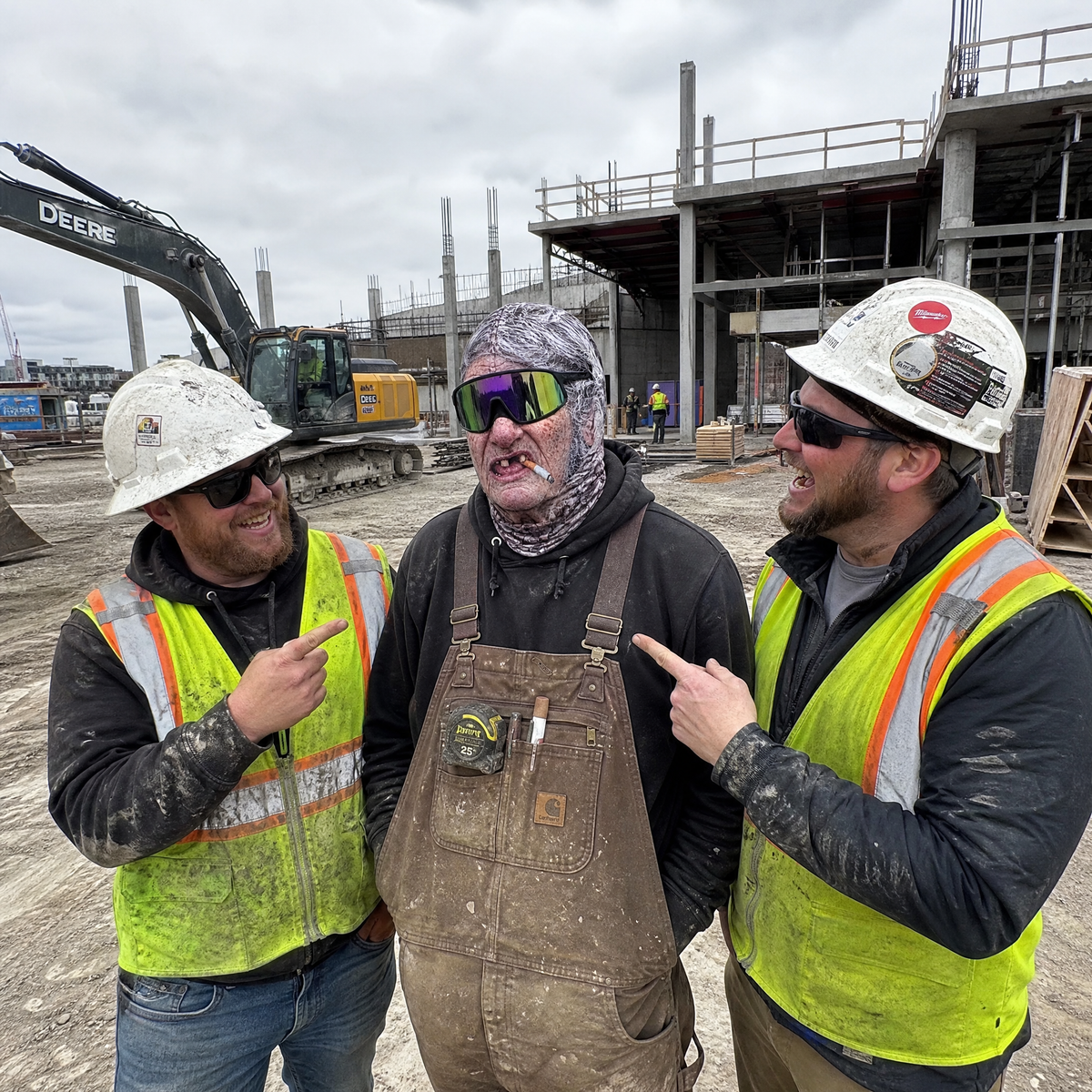 Crew laughing at the work mask