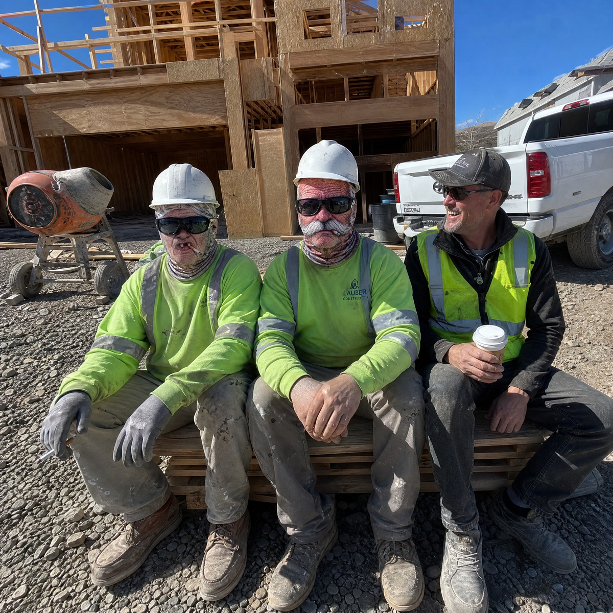 Crew on a break wearing work masks
